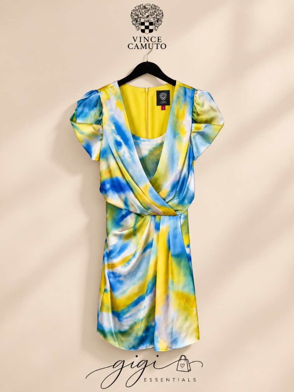 Vince Camuto Yellow Blue Green Abstract Print Draped Dress Size 2 NWT